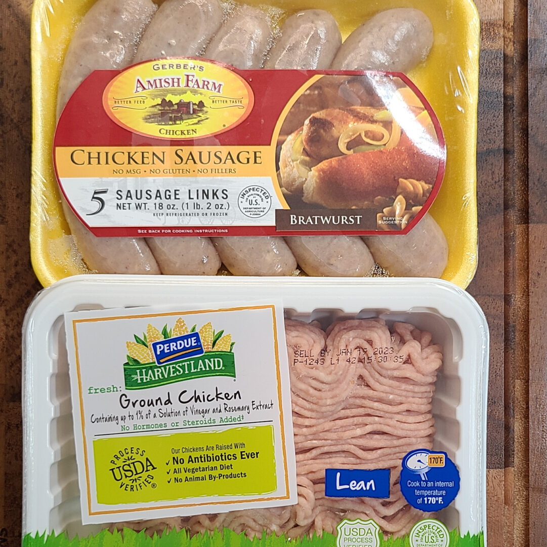 Ground Chicken and chicken bratwurst in their packaging